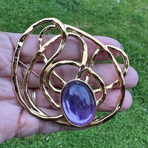 VTG‎ 1992 Avon Brooch Pin 2 3/8" Purple Cabochon Gold Plated Web Abstract